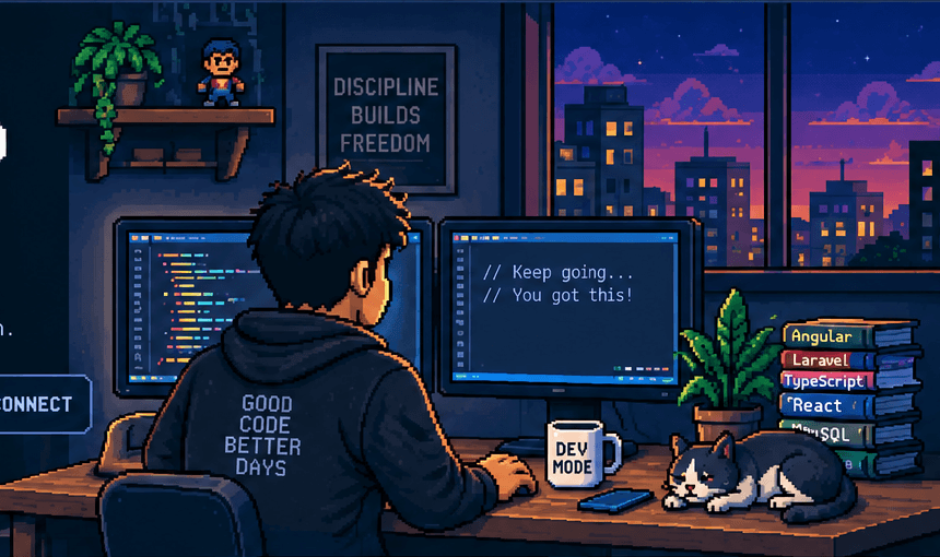 Pixel-art developer coding at a desk